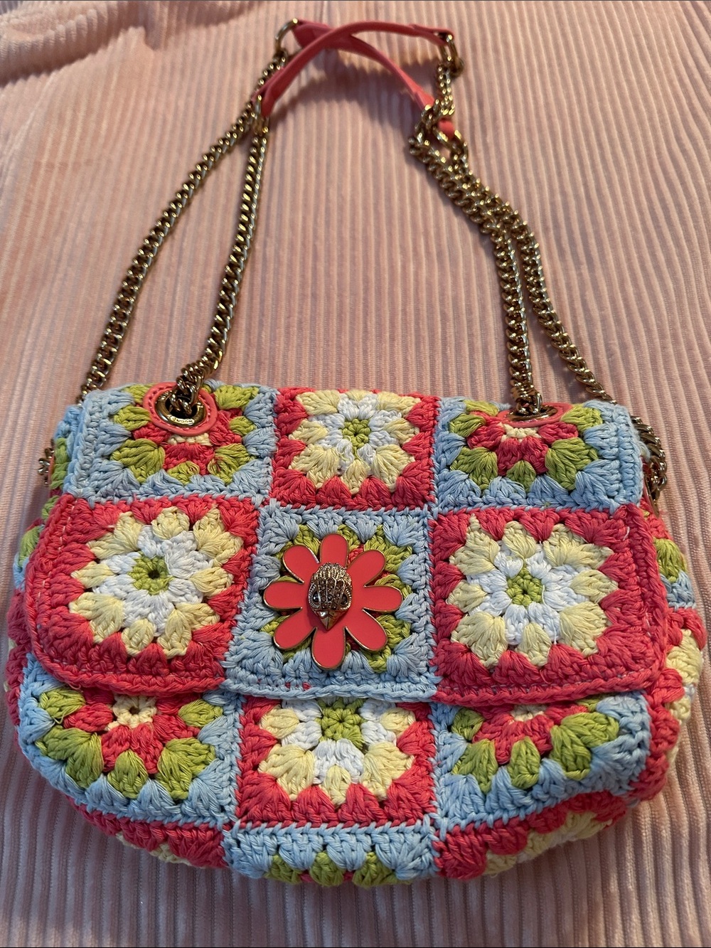 Kurt Geiger Crochet Floral Shoulder Bag - Pink Blue Cream Green